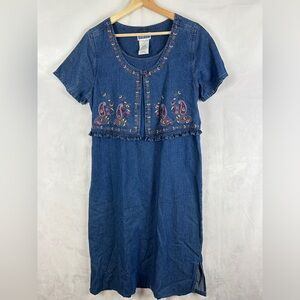 Vintage 90s Cottagecore Denim Paisley Floral Embroidered‎ Midi Dress Size Medium